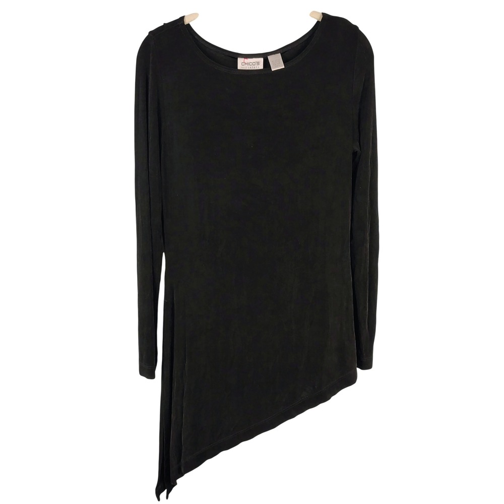 Chicos Womens SZ 0 Travelers Asymmetrical Hem Top Black Ribbed Minimalist